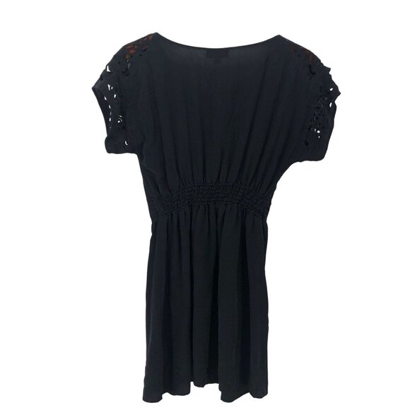 Black Warehouse Silk Dress Short Cutout Sleeves Embroidered Size 8 US 12 UK - Picture 2 of 6